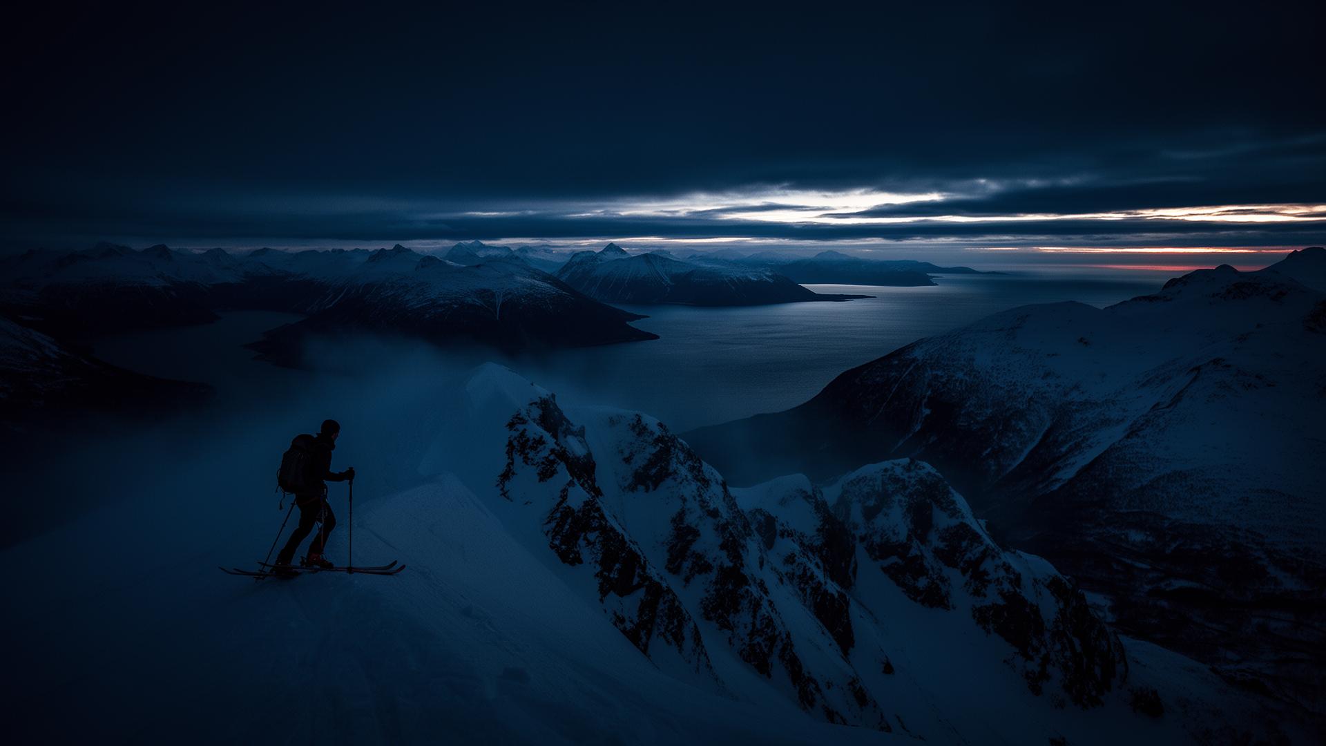 Skitourer ascending a snowy ridge above a fjord at dawn
